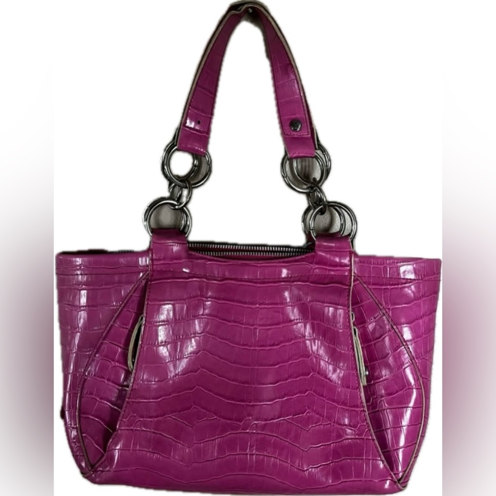 Daisy Fuentes Croc-Embossed Fuchsia Shoulder Tote with Silver Rings
